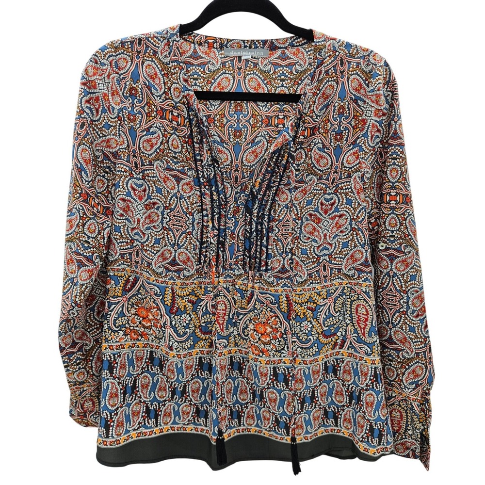 Daniel Rainn Blue Orange Paisley Pintuck Tassel Blouse D15926PC1 Small